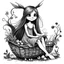 Placeholder: Fantasy art black and white A small, cute, cheerful fairy with long hair, sitting in a small basket.