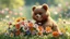 Placeholder: Benny[cartoonic bear] grinning mischievously as he looks at the pile of flowers