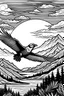 Placeholder: coloring in drawing in black and white of a bird flying no grayscale, only thick outlines with a mountain in the background with a rising sun