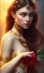 Placeholder: Arab princess Holding a beautiful red rose , cute, beautiful, long hair, wavy hair, black eyes, head and shoulders portrait, cinematic, 8k, resolution concept art portrait by Greg Rutkowski, Artgerm, WLOP, Alphonse Mucha dynamic lighting hyperdetailed intricately detailed