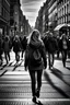 Placeholder: woman in the midle of a peatonal walk in e great city; behind her, unfocaused, other people walking, realism, black and white