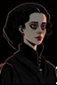 Placeholder: A portrait of a 30-years old aristocrat woman from XV century in strict dark clothes, authoritative, cold, emotionless, in the style of Genndy Tartakovsky's cartoons