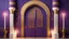 Placeholder: Hyper Realistic Garland-Light on Islamic-Architectural-Mosque-Open-White-Door-&-Navy-Wall on Purple-Rustic-Wall with maroon-crafting-on-Golden-pillars with nightly-ambiance