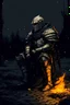 Placeholder: Cavaleiro em uma noite chuvosa com uma fogueira estilo dark souls