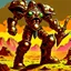 Placeholder: 90's TCG art retro fantasy art of neuclear warrior with huge pauldrons in wasteland