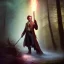 Placeholder: romantic fantasy spray painting, william Turner, watercolor, close up on dark robed poet holding torch high up in magical forest