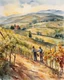 Placeholder: A sunlit vineyard with workers harvesting grapes against a backdrop of rolling hills. Watercolor, Post-Impressionism. Created in the style of Isabella Marconi.