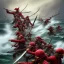 Placeholder: 11 pirate warriors in dark red armor, charging off their ship, a highly detailed illustration, background of giant crashing ocean waves, realistic render, 8 k, micro detail, intricate, elegant, centered, digital painting, Artstation, smooth, sharp focus, illustration, artgerm, tomasz alen kopera, peter mohrbacher, donato giancola, joseph christian leyendecker, wlop, boris vallejo