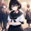 Placeholder: Clear focus, High resolution, fluffy black short hair, dark green eyes, wearing a black sailor uniform and pleated black skirt, fluffy hair, detailed outfit