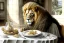 Placeholder: Lion sitting at a table eating garlic bulbs and drinking milk. Highly detailed, smooth colours, realistic landscape. Aquarell