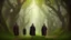 Placeholder: Black robed, hooded monks on the forest path