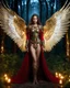 Placeholder: Photography full body A Length image of very beautiful Super model Russian Woman,long hair red as an Beautiful Archangel with wings made from metal craft,dressing luxurious golden and black color armor filigree combination fully crystals diamonds stone,in magical night forest full of lamps Background