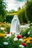 Placeholder: imam with her islamic white cloak from behind standing in paradise full of flowers