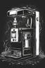 Placeholder: draw a big rickety black and white coffee machine dark depressed background