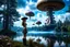 Placeholder: A skinny woman with a Cleopatra hairstyle, short skirt, and knee-high boots, looking out over a lake, in an alien forest, with tall cloud trees, flying mushrooms with octopus tentacles