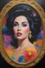 Placeholder: Elizabeth Taylor's face inside a round gold frame, multicolored, large, Floral/rainbow designs, atmospheric, beautiful, bright, vibrant colors, pitch-black background, oil painting by Boris Vallejo, 4k UHD, Photorealistic, professional quality