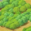 Placeholder: dirt road in the middle of a forest and round same size trees topdown view of a pixel art pokemon style game