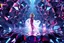 Placeholder: very complex structure ,pretty viberating color environment 3d metalic and crystal recursive animating beveled geometric base very complex structure emiting mirror bubbles that broke, goddess of love in a pretty cleric dress comes out dancing gracefully , viberating color moving very in modern city escape environment while camera tracking it.