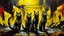 Placeholder: (((three))) huge lean long cats with yellow eyes ((stretching)) and posing in the middle of a radioactive ruined city street, acrylic painting, minimal art, centered, wild sparse brushstrokes, amazing verticals, great parallels, low bleak colors of deep red, yellow and black, excellent negative space contrasts