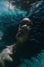 Placeholder: a beautiful woman, long curly black hair,closed eyes,coming from beneath the water,braking the surface with her face just coming out the water,looking up symbolism for breaking free. realistic,8k quality, action close shot from areal view,highly detailed , chaos 80