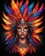 Placeholder: Illustration of a phoenix girl face with caramel skin and very colorful cool colored phoenix feathers for hair, tribal fire and feather tattoos on face, dark background