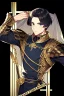 Placeholder: A handsome 30 year old knight, black hair, dark blue eyes, male bob haircut, in black-and-gold plate armor, no beard, european, portrait