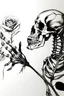 Placeholder: A realistic drawing in negative space black ink on white background of a rose and a skeleton hand with very defined and anatomical correct details