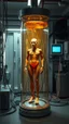 Placeholder: Sleeper in tube cabinet made of glass filled to the top with honey coloured liquid , in a laboratory inside it a human creature body standing vertically , connected with wires and electrical wires , the human standing in side, a high tech equipment in the background ,4K, cinematic, high resolution