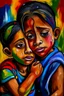 Placeholder: a girl hug her brother and both crying sadly, expressionism, Pixar style, in abstract art Basquiat, Picasso, Miro, Kandinsky, Klee, Birell, Fairey, Ardon, Buffet aand Picasso style, HD --s 750 --v 5.1 --style raw, water color