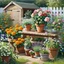Placeholder: On a garden potting wooden table are potted Marigolds in clay pot, Geraniums in another pot and Lavender in another pot . Behind bench is another potting bench with potted Roses and Baby’s Breath. Another pot with Daisies and Pansies. BG wooden garden shed surrounded with flowering bush plant. White Wooden fence at the side of the shed in painterly soft water color.