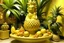 Placeholder: A light golden yellow oasis with fruit designed in Hawaiian tiki statues painted by Karl Wiener