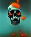 Placeholder: broken realistic skull. black background. smoke and explode. particles in air. teal and orange. abstract. beksinski.