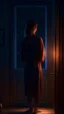Placeholder: at home, a woman, looks at her outfit from the wardobe, standing up, night, romantic, we see her back, 4k, digital art