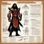 Placeholder: monster concept sheet with AD&D statistics and characteristics : [wii No More Heroes style with thick lines] the Sandokan (1976) character class with table of special powers