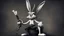 Placeholder: photorealistic deppressed dark melancholic sad Bugs bunny with blackeye deppressed doing music rock and roll dark heavy metal on a scene alcoholic, ciggaretes ciggaretes sad sad sad sad ciggarets