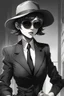 Placeholder: manga, anime, drawing, art, cartoon, perfect body, perfect hands, perfect face, perfect eyes, perfect arms, perfect cowboy hat, mafia woman, female mafia,, short hair pixie cut shaved side, black suit and tie, sunglasses, badass, cool, attractive