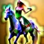 Placeholder: fullbody portrait of beautiful busty amazon woman with big green eyes riding a horse by Reza Abbasi 8k