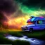 Placeholder: An old caravan at the bottom of an streaming river, lots of clouds within neon lights, thunder