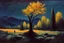 Placeholder: Trees, night, mountains, one person, 2000's sci-fi movies influence, ludwig dettman and willem maris impressionism painting