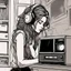 Placeholder: She looks lost in thought, her eyes fixed on a single spot on the wall as she listens intently to the low-quality recording on the tape player in front of her.