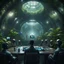 Placeholder: a video conference on video screen with multiple sick aliens held by a scientist in dark lit reflective wet jungle metallic hall dome hotel tunnel, in the style of a fallout 4,bokeh like f/0.8, tilt-shift lens 8k, high detail, smooth render, down-light, unreal engine, prize winning