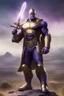 Placeholder: Thanos, the commander of the army of aliens and the king of the entire galaxy, is ready to go on a campaign with his two large swords, his very beautiful and impenetrable armor with his golden helmet, standing on top of a hill with his sword with infinity gauntlet