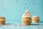 Placeholder: Cupcakes with colorful sprinkles falling over aqua blue background. Copy space