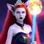 Placeholder: Attractive teenage girl with fire red hair wearing a tiara, who is dressed like a witch casting a spell with a quarterstaff on the moon, she has cat ears and open dazzling blue eyes, has a normal nose, background is realistic space, the girl is on a planet, black goth girl dress, full body portrait, arm colors gradient effect into stars, rendered, unity 3d, unreal engine, dslr, hdr, 4k, edited, photorealistic, normal number of appendages, freckles, artists rendered,