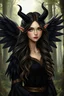 Placeholder: a young woman with ethereal beauty with long wavy black hair with dirty blonde streaks, grey eyes, curved black horns on her temples, pointed ears, she wears a black dress with gold trimming and feathers on her sleeves, she also has huge angelic black feather wings folded behind her back, forest background, realistic art style