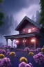 Placeholder: hyper detail, hyper realism, 4k, high quality, small wooden cabin, purple blue yellow silver teal black olive azure, red, pink, brown, flowers, steampunk, cinematic lighting