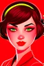 Placeholder: cartoon of beautiful short haired, feminine brunette stewardess lady with bob cut, big bright red lips and smoky eyes