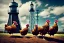 Placeholder: Five hens in front of a lighttower