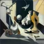 Placeholder: Abstract painting formed by a mix of human flesh-like surgical instruments and universe-like neuralink, a cat looking at a pigeon inside a huge bulb between light and shadow at dusk,surrealism,minimalism,Painting By Adrian Ghenie, Rene Magritte, Salvador Dali, Lucian Freud