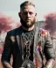 Placeholder: an abstract painting of rusted metal and flowers, Viking style, 8K, a Highly detailed stunning portrait of Dom man holding a submissive woman by the chain, realistic face, white suit, beard, and short hair, bad boy